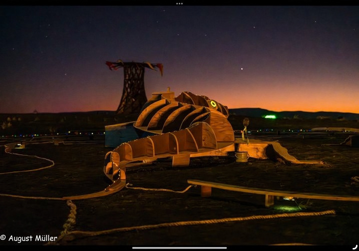 Wooden lizard installation illuminated at night