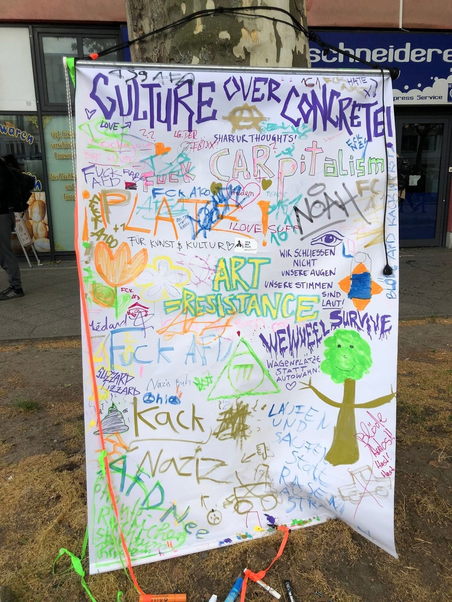 Culture Over Concrete banner at a public demonstration in Berlin