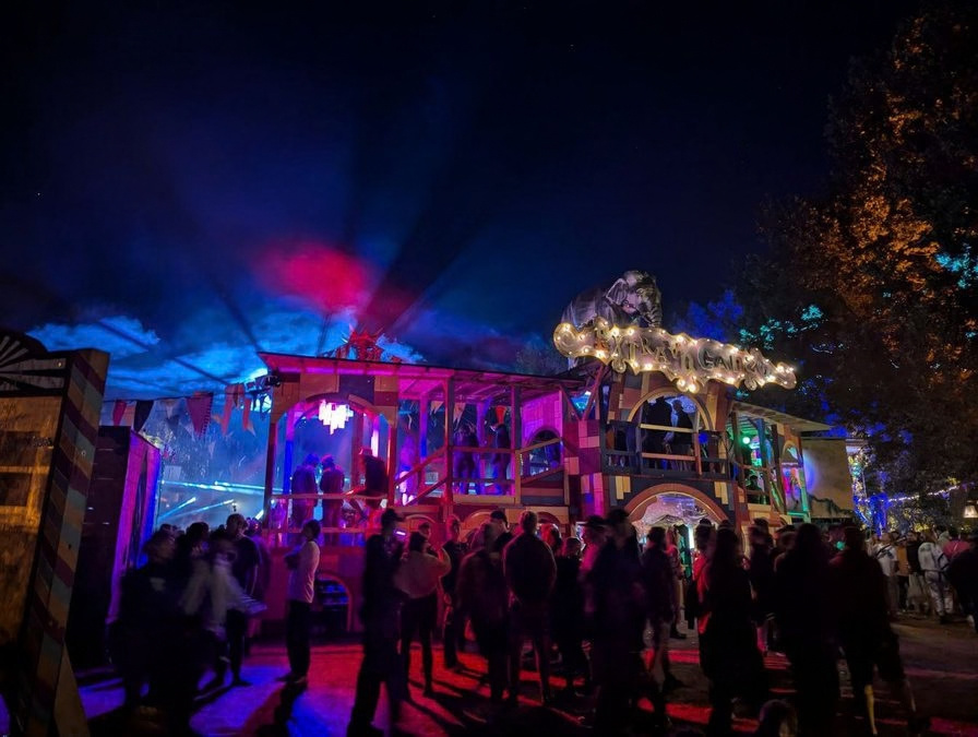 Extravaganza stage illuminated at night
